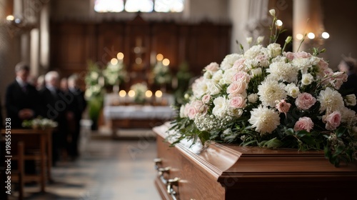 coffin with flowers on it in the foreground, crying people on the background, funeral ceremony