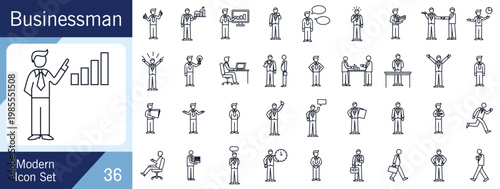 Minimal Monoline Business People Icon Set with Corporate Actions and Professional Gestures.
