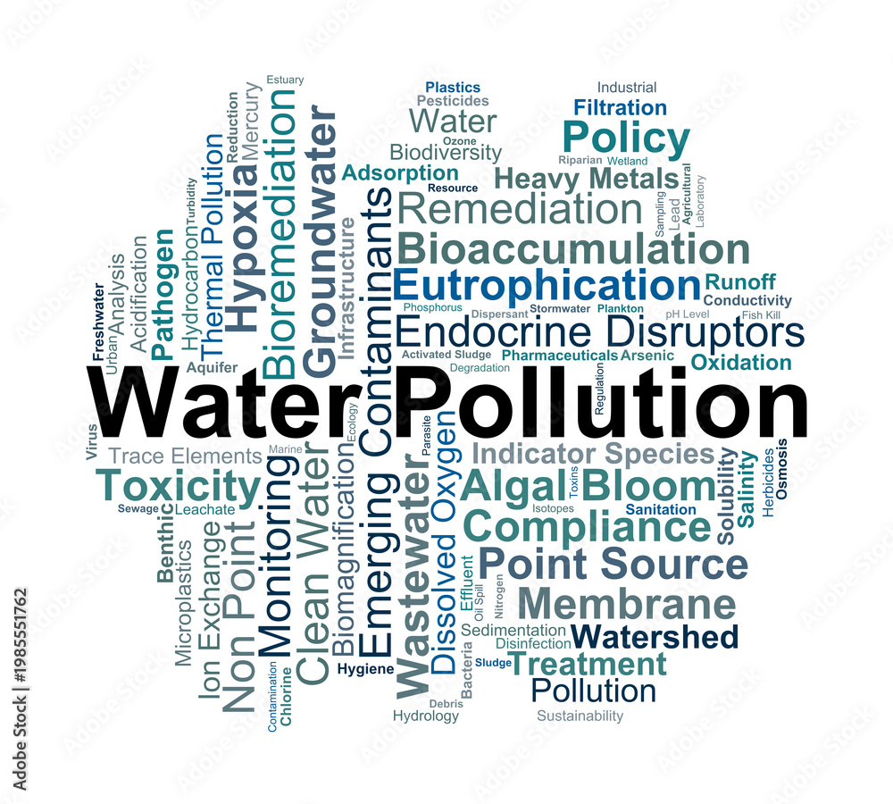 Fototapeta premium Water Pollution Word Cloud. A visual overview of aquatic contaminants, nutrient enrichment, wastewater treatment processes, and the ecological impact on global water resources.