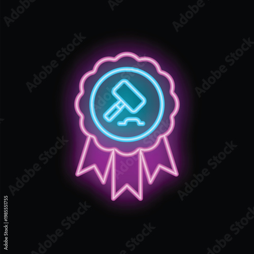 Neon sign of an award ribbon encasing a striking auction hammer symbolizing successful bidding