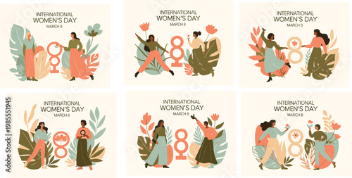 International Women’s Day March 8 panels set, female empowerment floral motifs vector illustration, unity diversity artwork design