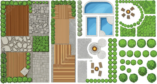 Landscape design plan set, outdoor living vector illustration, garden pool deck motifs, decorative layout artwork, flat vector illustration