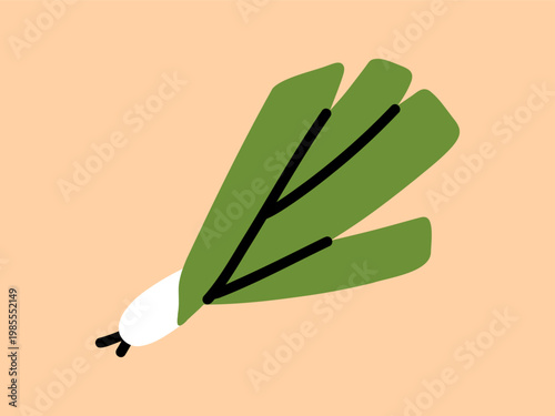 Vector cute illustration green leek with white bulb in minimalist flat style on beige background. Garden leek doodle perfect for food menu, cooking blog, vegetable theme. Agriculture, farm clipart.