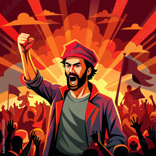 One Man Holding a Blank Placard and megaphone with Large Crowd of People with Their Hands Raised in the Air vector illustration. Political protest activism patriotism. Revolution raising The Flag.