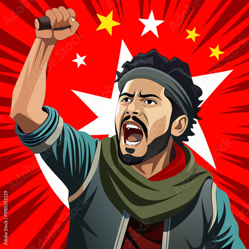 One Man Holding a Blank Placard and megaphone with Large Crowd of People with Their Hands Raised in the Air vector illustration. Political protest activism patriotism. 