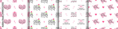Vector cute motivational seamless pattern set with self care quotes on white background. Positive inspirational kawaii prints for planner, journal, kids room and digital wallpaper.