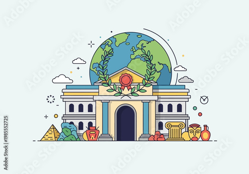 Global Cultural Heritage Museum with Historical Artifacts and Education Concept.