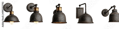 Five vintage, industrial-style wall sconces with metal shades and exposed bulbs against a black background