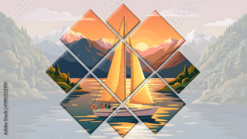  Artistic diamond grid collage of a nautical journey. Travel, adventure and nature exploration concept.