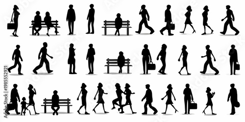 Diverse group of silhouetted people walking sitting and interacting outdoors