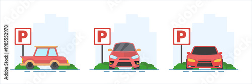 Parking scene illustration set with urban drivers finding spaces, motorbike parking process, and crowded city parking zone, clean flat cartoon vector artwork.