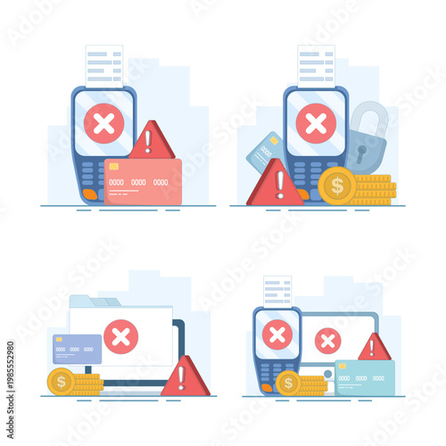 Illustration set of failed NFC payment process with canceled transaction, crossed payment terminal, and retry prompt message, modern flat vector concept design.