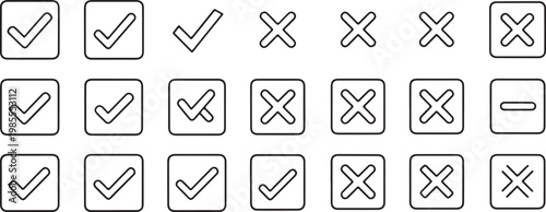 Collection of Monoline Checkbox Icons with Tick and Cross Symbols