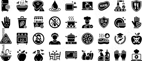 Comprehensive Food Safety, Kitchen Hygiene, and Culinary Sanitation Solid Black Glyph Pictogram Icon Pack for Health Code Standards