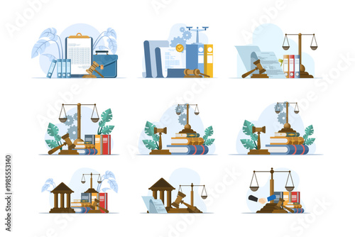 Flat vector set of law and justice scenes with attorney consulting client, judge striking gavel, and legal consultation concept, ideal for website banners and legal themes.