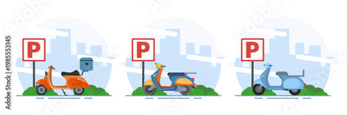 Parking concept illustration set with vehicle parking search, two-wheeled transport parking, and city public parking scene, flat cartoon vector style design.