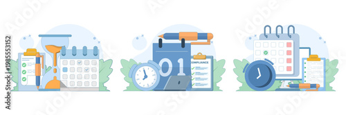Illustration set about business scheduling with online calendars and team collaboration, highlighting planning, productivity, and workflow for landing page design. Flat vector illustration.