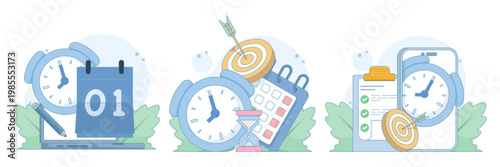 Flat vector set of time schedule and deadline planning with calendar and organizer, highlighting time management, startup workflow, and productivity for website banners.