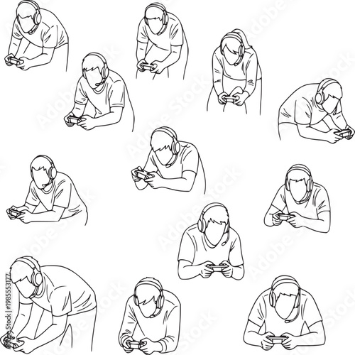 series of diverse people sitting and using smartphones in minimalist line art illustration