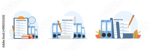 Priority concept illustration set featuring agenda scheduling, work management planning, and efficiency improvement workflow, clean flat vector productivity design.