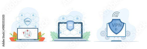 Virtual private network illustration set showing VPN service concept, encrypted internet traffic, cybersecurity protection, and remote server connection, clean flat vector style.