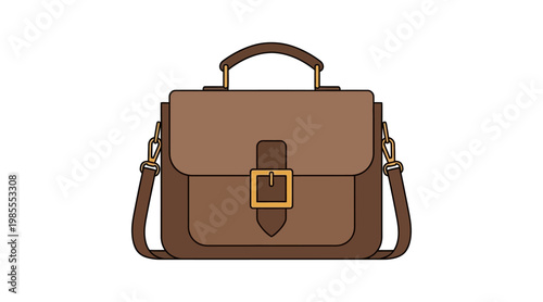 Brown leather satchel bag with buckle closure, flat