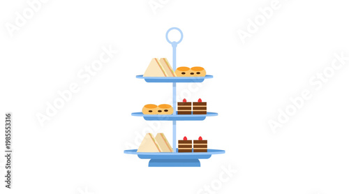 Flat afternoon tea tiered stand with sandwiches, cakes, and pastries