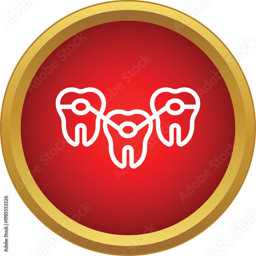 Three teeth featuring dental braces inside a red and gold circular icon