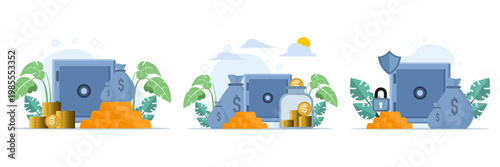 Investment concept illustration set featuring gold bars, coin stacks, and investors allocating money into gold assets, modern flat vector style for financial growth visuals.