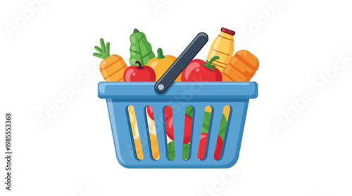 Flat blue shopping basket with fresh produce and dairy
