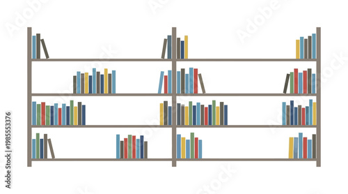 Flat bookshelf with multicolored books arranged in rows
