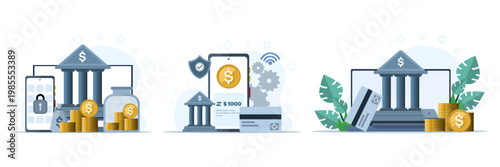 Digital banking illustration set showing mobile banking, online payments, debit card usage, e-wallet, and e-commerce transaction flow, modern flat vector style.