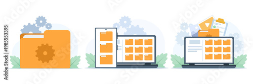 Flat vector set of file management with folders, documents, and media content, illustrating file search on smartphone and laptop in modern cartoon style on white background.