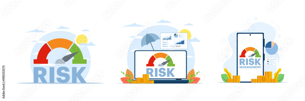 Fototapeta premium Illustration set showing business risk management process including review, evaluation, and investment risk analysis, with bold risk text and level indicators, modern flat vector style.