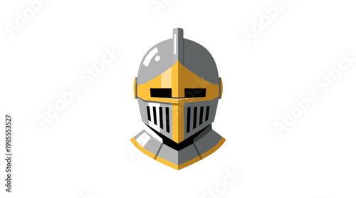 Flat knight helmet in gray and gold medieval armor