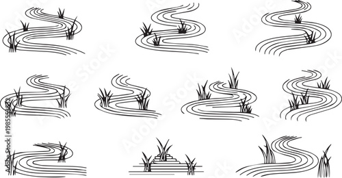  Set of Wavy River Flow Icons with Marsh Vegetation Line Art