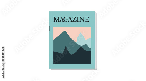 Flat magazine cover with mountain silhouette and pastel sky