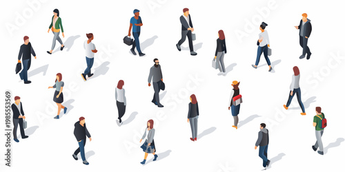 Isometric illustration depicting a diverse group of people walking and interacting