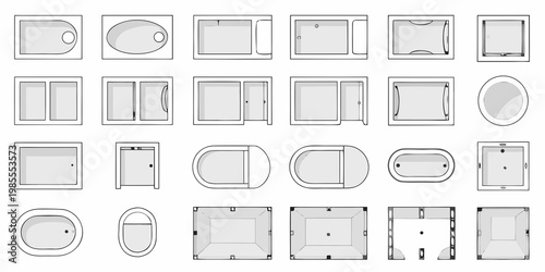 A collection of minimalist top down views of various bathroom fixtures