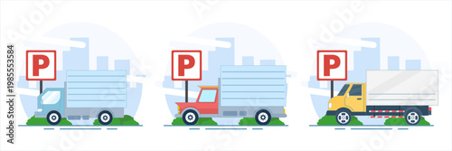 Urban parking scene illustration set showing drivers finding parking spots, truck parking activity, and crowded city parking zone, clean flat vector style.