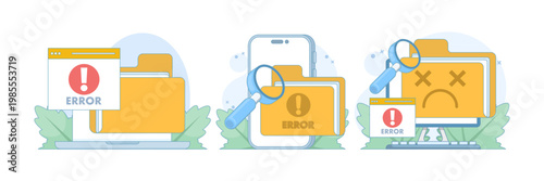 Flat vector set of computer diagnostics with corrupted file warnings and error detection, illustrating digital system issues and troubleshooting process. flat design illustration