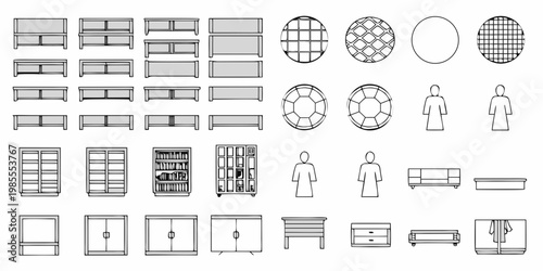 Architectural floor plan elements including furniture and human figures