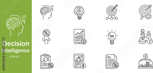Decision Intelligence and Business Logic Icons Set - Data-Driven Insight, Strategic Planning, and Cognitive Analytics Outline Vector