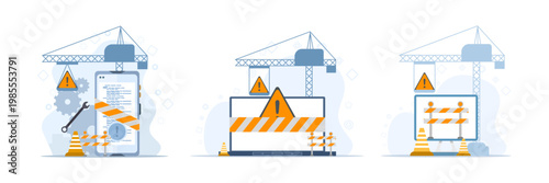 Website maintenance illustration set with coding, programming, software development, and technical upkeep concept, clean flat vector design for tech services.