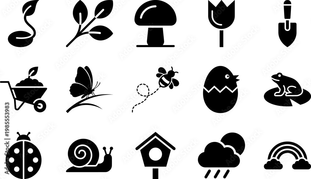 Fototapeta premium Beautiful Spring Season, Gardening, Insects, and Nature Elements Solid Black Glyph Pictogram Icon Pack for Eco-Friendly Vector Designs