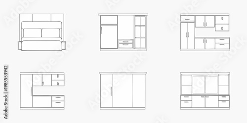 Minimalist furniture arrangement beds cabinets and storage solutions illustrated