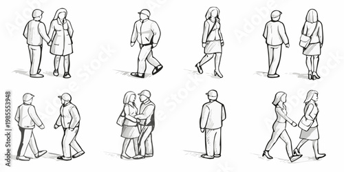 Sketch of diverse people walking and interacting in an urban setting