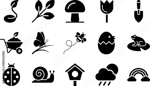 Beautiful Spring Season, Gardening, Insects, and Nature Elements Solid Black Glyph Pictogram Icon Pack for Eco-Friendly Vector Designs