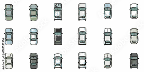 Overhead view of various cars arranged in a grid pattern