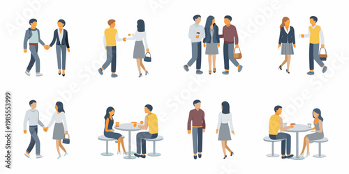 Diverse group of people interacting in various social and business settings